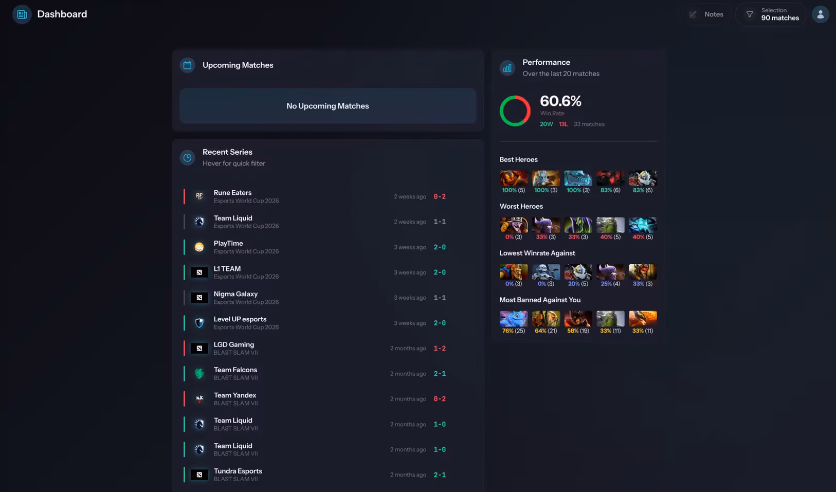 The Insight dashboard showing upcoming matches, recent series and team form.