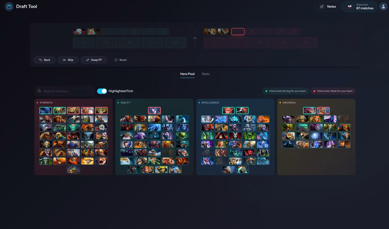 Captain's Mode draft board with a hero pool marked by opponent contest rate.