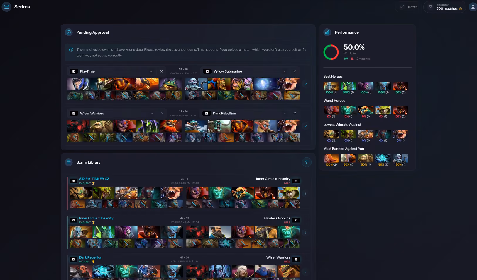 Scrim library listing uploaded practice matches with filters and draft details.